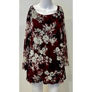 Charter Club Womens Sheer Floral Overlay‎ Top Size 2X Burgundy Career Office